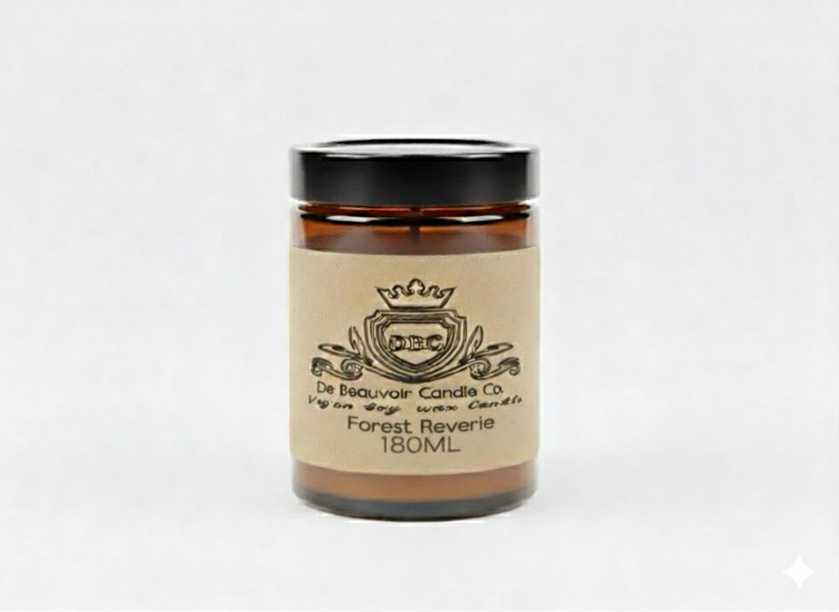 Candle jar with a label on a white background