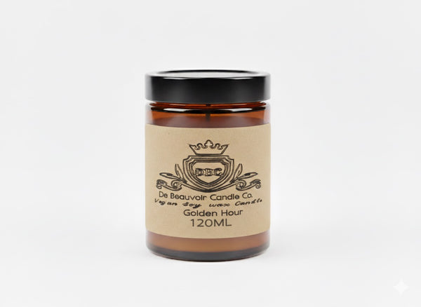 Candle jar with a label on a white background