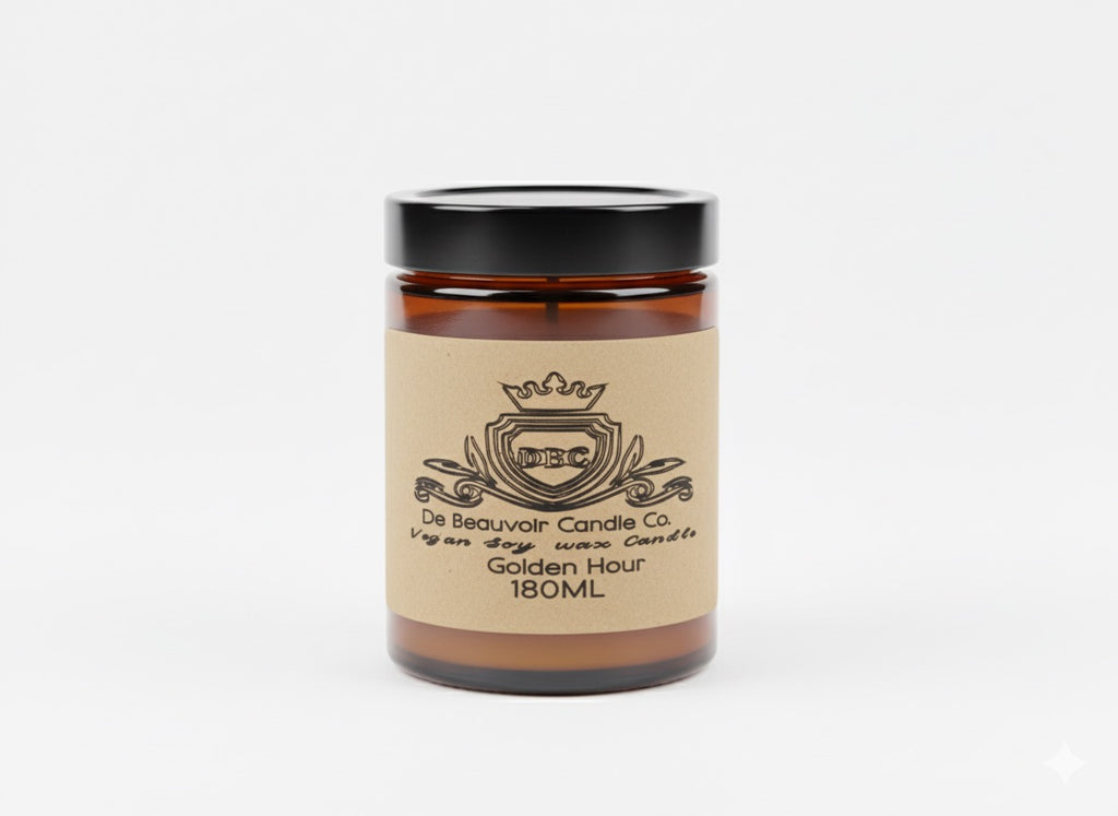 Candle jar with a label on a white background