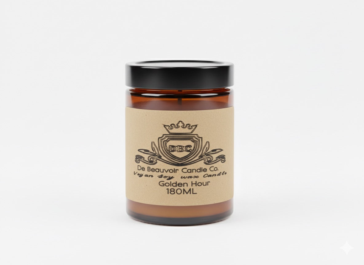 Candle jar with a label on a white background