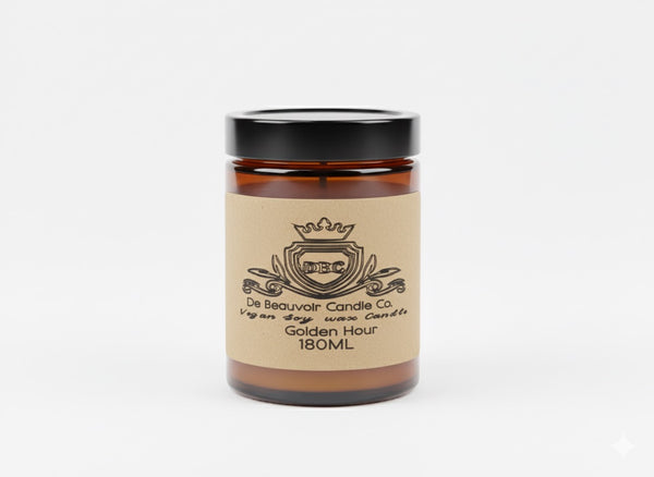 Candle jar with a label on a white background